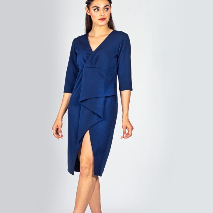 VESTIDO MIDI JULIET CON CORTES ASIMÉTRICOS COLOR AZUL MARINO