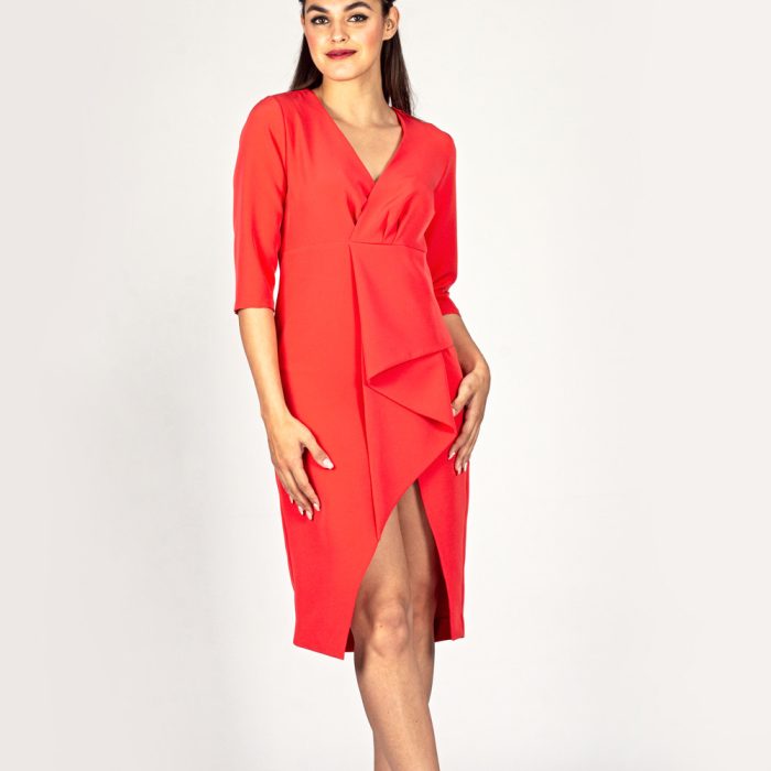VESTIDO MIDI JULIET CON BAJO ASIMÉTRICO COLOR CORAL