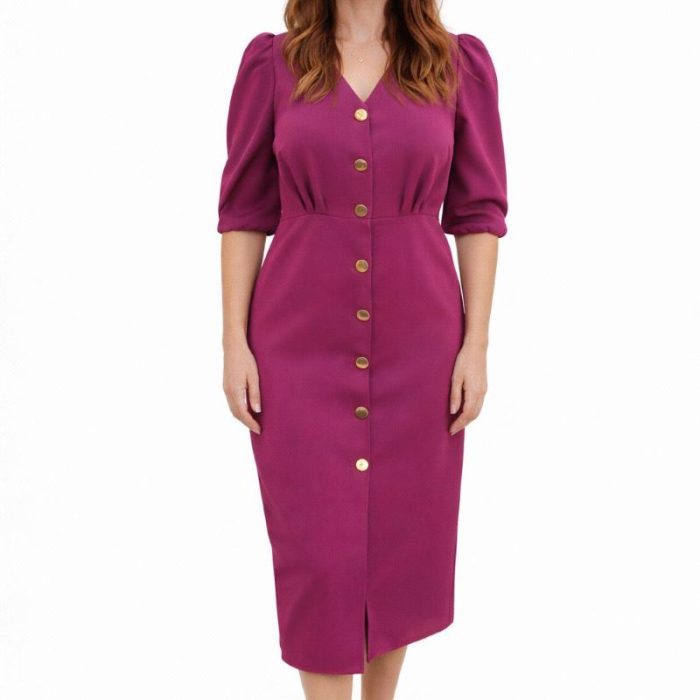 VESTIDO MIDI RECTO CON MANGA ABULLONADA COLOR BUGANVILLA