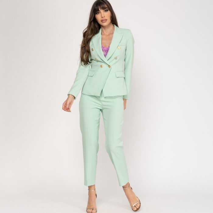 CONJUNTO CHAQUETA Y PANTALÓN VERDE MENTA BOTONES DORADOS