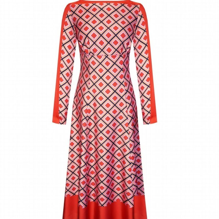 VESTIDO ARGGIDO DE SEDA CON ESTAMPADO EN ROSA Y ROJO CORAL