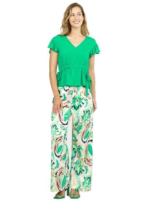 CAMISA VERDE PLUMETI CON CUELLO DE PICO Y CINTA AJUSTABLE