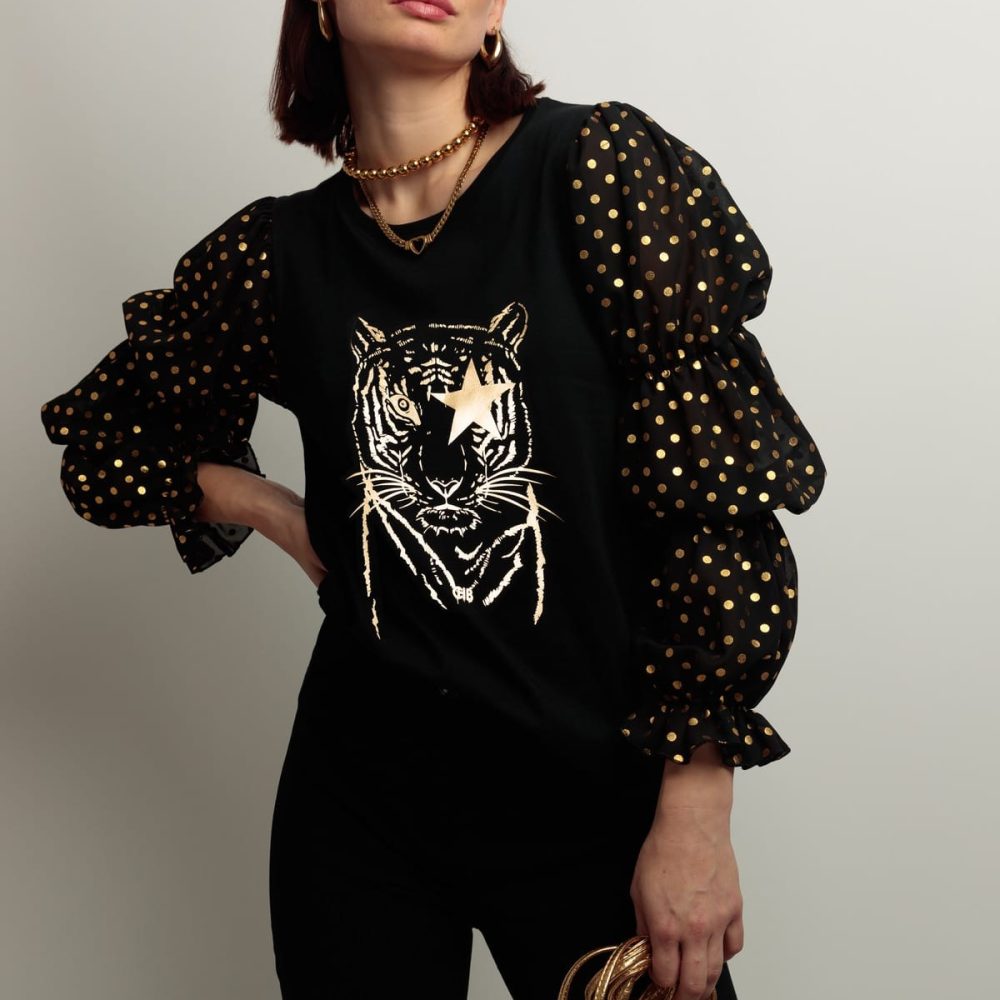 CAMISETA MANGAS FRUNCES TIGRE DORADO