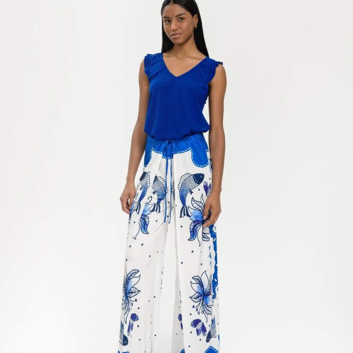 PANTALÓN PAREO MINA MALALÁ BLANCO Y AZUL ESTAMPADO PECES