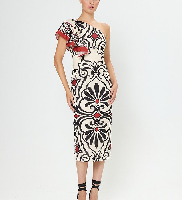 VESTIDO MIDI ARGGIDO ASIMÉTRICO CON VOLANTE HOMBRO