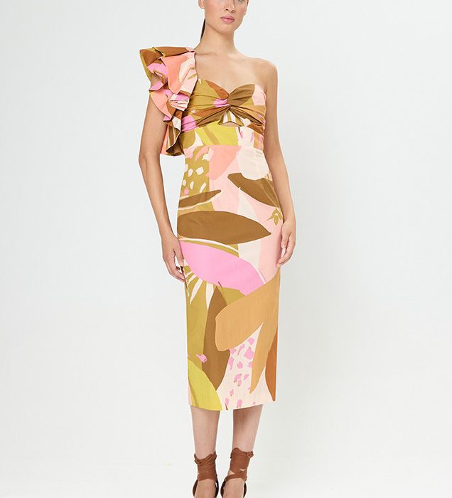 VESTIDO MIDI ARGGIDO ASIMÉTRICO CON ESTAMPADO TROPICAL Y VOLANTE HOMBRO