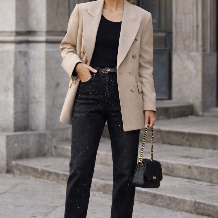 JEANS NEGROS CON BRILLOS DE TALLE ALTO Y TOBILLEROS