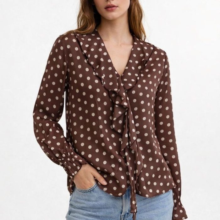 CAMISA MARRÓN DE LUNARES CON PUÑOS Y ESCOTE DE  PICO