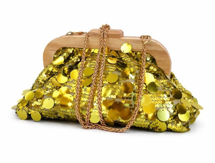 BOLSO DE FIESTA CON LENTEJUELAS LIMA Y CIERRE MADERA