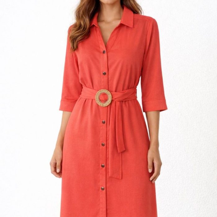VESTIDO CAMISERO ARGGIDO NARANJA CON CINTURÓN