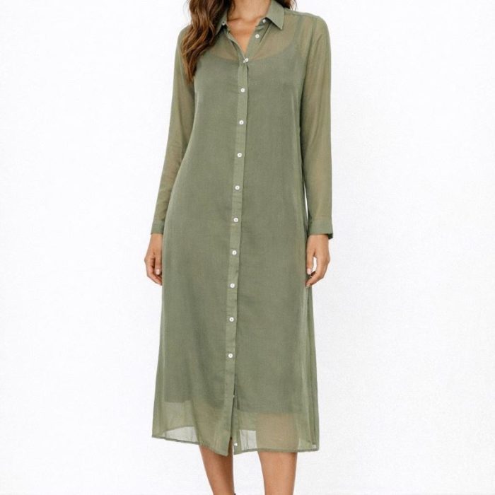 VESTIDO CAMISETO MIDI DE SEDA COLOR VERDE CON COMBINACIÓN