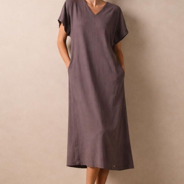 VESTIDO TUNICA MANGA CAÍDA COLOR CHOCOLATE DON ALGODÓN