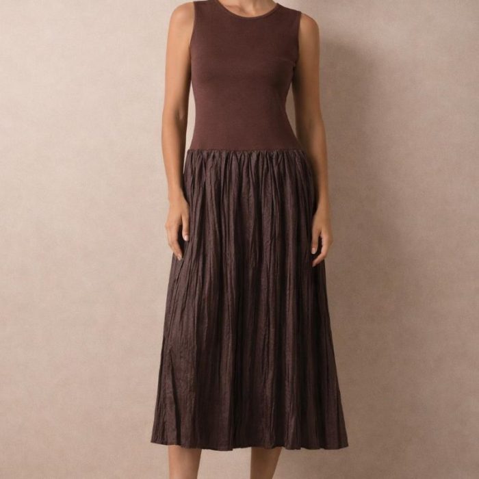 VESTIDO MARRÓN CHOCOLATE TEXTURAS COMBINADAS DON ALGODÓN