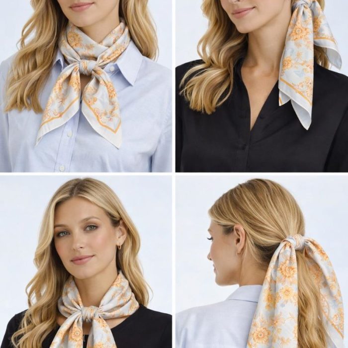 PAÑUELO CUELLO CELESTE CON ESTAMPADO FLORAL EN TONOS SALMÓN