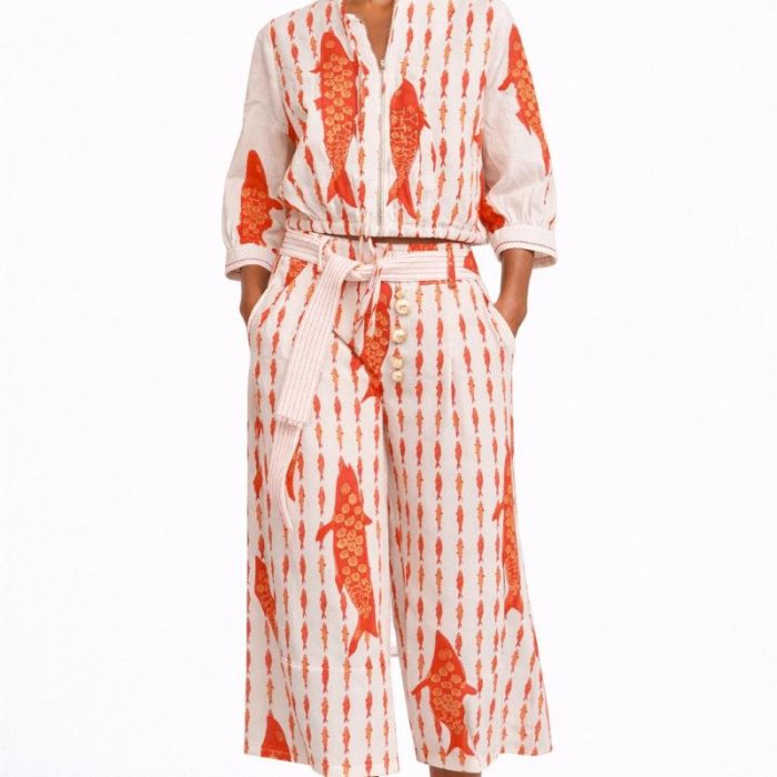 Pantalón palazzo beige con estampado de peces naranjas de Lemaille.