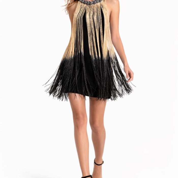 vestido de fiesta de flecos corto para invitada dorado y negro