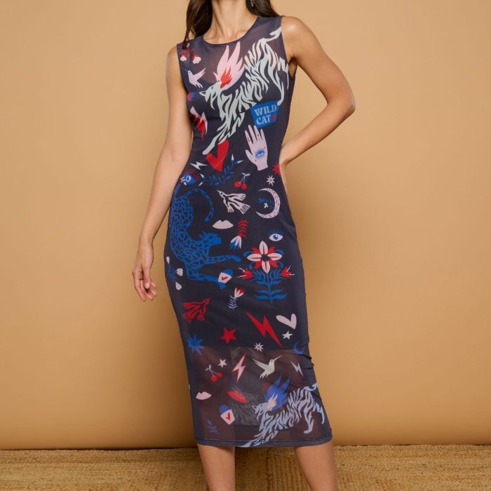 Vestido Bonita de Minueto negro midi con estampado místico multicolor en tul semitransparente