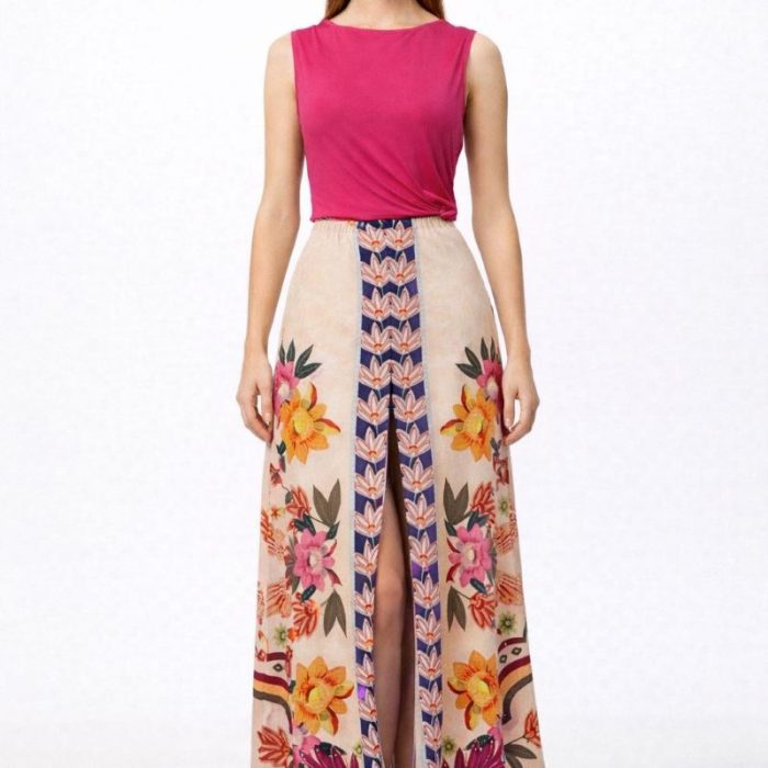 Falda Sensibilidad de Malala en punto fino estampado beige con abertura delantera, diseño largo elegante mujer