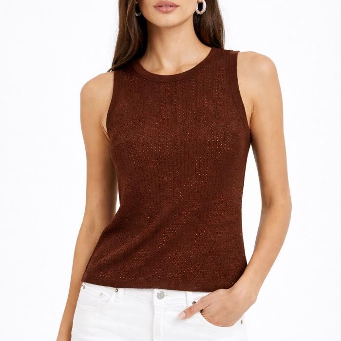 Top marrón chocolate sin mangas con strass brillantes de LEMAILLE