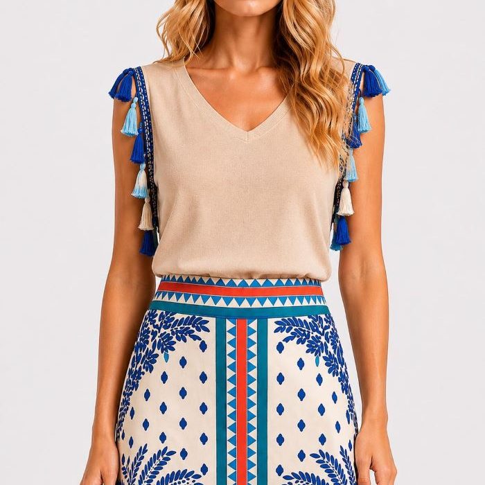 Camiseta Sapo de Malala en tono beige tierra con borlas decorativas azules y escote en pico.
