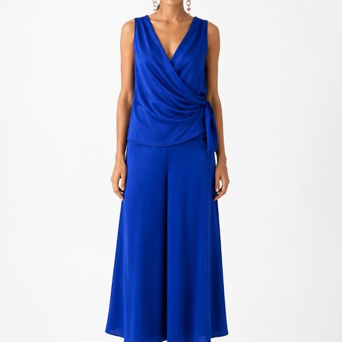 Conjunto azul cobalto para mujer con pantalón palazo fluido y top cruzado sin mangas, combinado con sandalias plateadas de tacón.