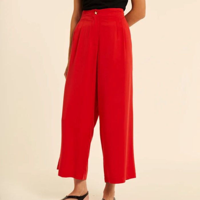Pantalón culote rojo de mujer Pepaloves con tiro alto y pierna ancha fluida