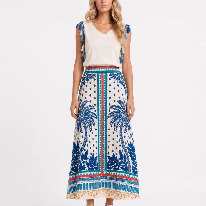 Falda larga Lobo de Malala en punto fino de canalé con estampado tropical en tonos azules y diseño fluido elegante.