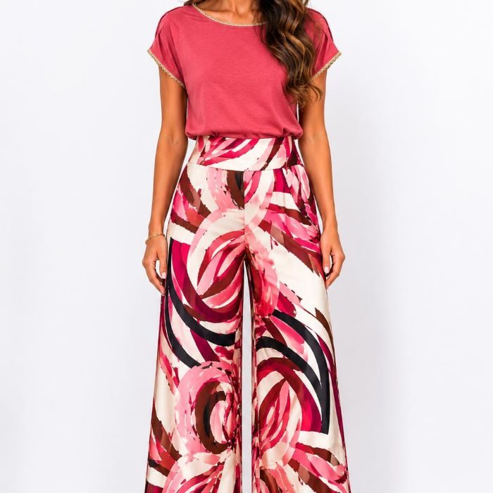 Palazzo Ternura Malalá de viscosa para mujer con estampado en tonos fucsia, rosa y beige, corte ancho y cintura alta.