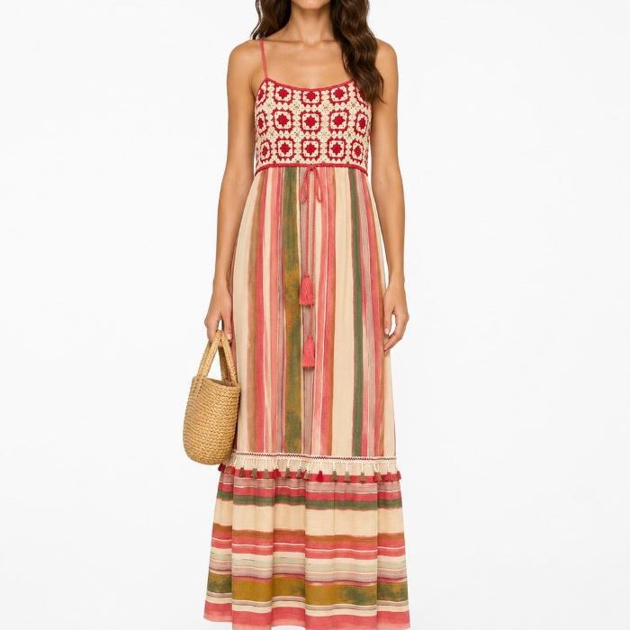 VESTIDO LARGO BOHO CROCHET RAYAS CORAL