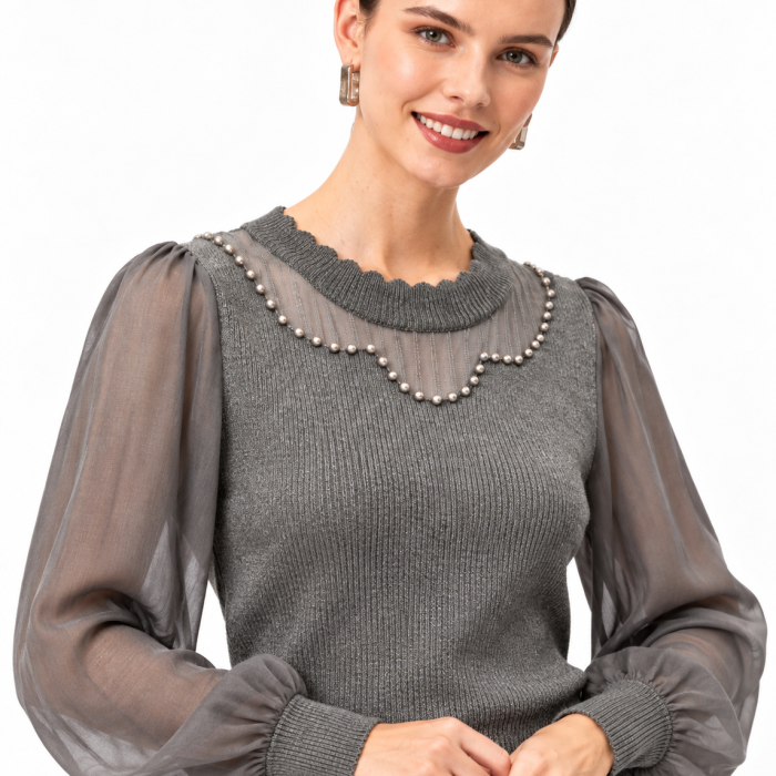 Camiseta canesu vestir mujer manga larga Lemaille color gris con transparencias. Vista de cerca.