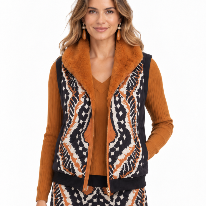 Chaleco Barbados Malalá acolchado fino con estampado étnico y cuello de pelo ocre