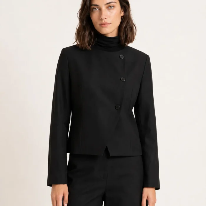 Chaqueta Greta negra Pepaloves de corte corto con solapas cruzadas y botones forrados vista de frente