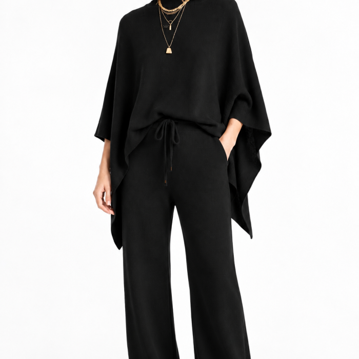 Conjunto negro capa y pantalón Lemaille de punto para mujer, vista frontal
