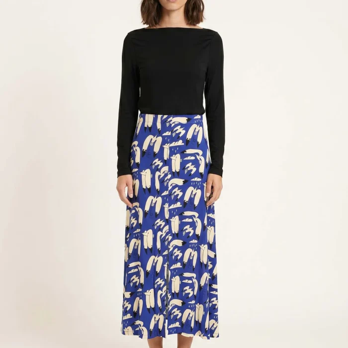 Falda midi Blue Birds de Pepa Loves en azul con estampado de aves vista de frente