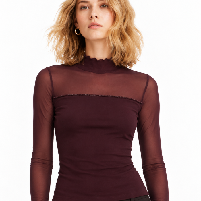 Top burdeos Lemaille para mujer con manga larga semitransparente, cuello ligeramente subido y detalle de piedras.