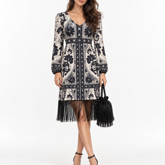 Vestido Bielorrusia de Malalá en blanco y negro con estampado floral y flecos negros en el bajo, vista frontal