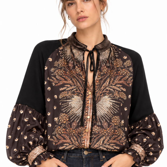 Detalle de la camisa Haití de Malalá con cuello Mao, botones dorados y puño de lentejuelas