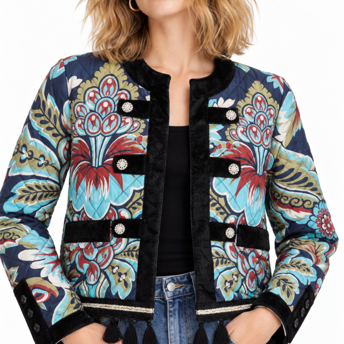 Detalle chaqueta Managua Malalá acolchada con botones joya y flecos