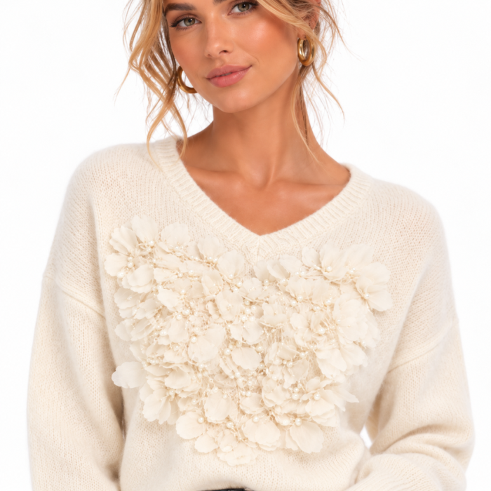 Jersey de punto crudo Lemaille con flores en relieve y escote de pico, nueva colección invierno.