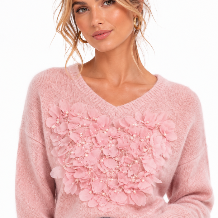 Jersey rosa de punto Lemaille con pétalos de flores superpuestos en el delantero y escote de pico.