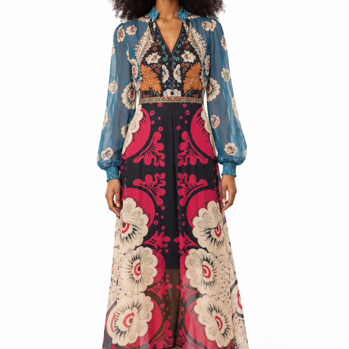 Vestido Sucre de Malalá de tul estampado largo con mangas transparentes y cuello mao, nueva colección.